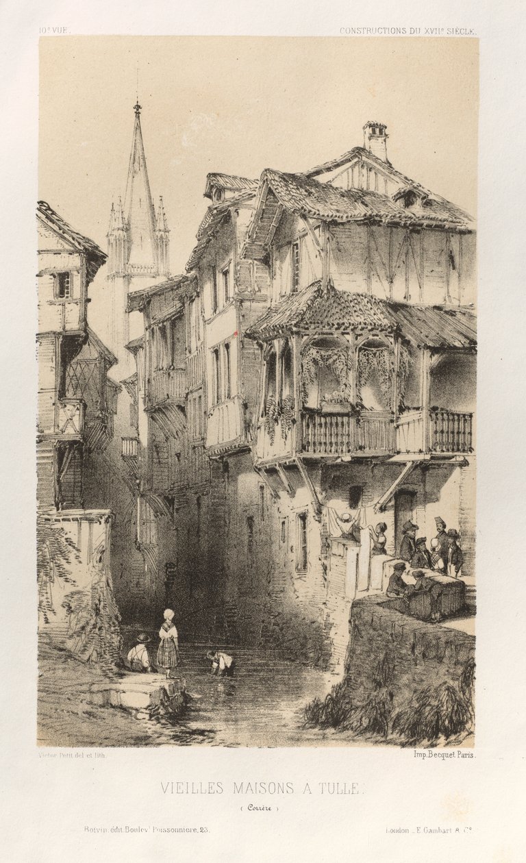 15. Yüzyılın Pitoresk Mimarisi veya Anıtları. ve XVI. Yüzyıllar: XV ve XVI Yüzyılların Chateaux De France: Levha 10, Tüldeki Eski Evler (Correze) by Victor Petit