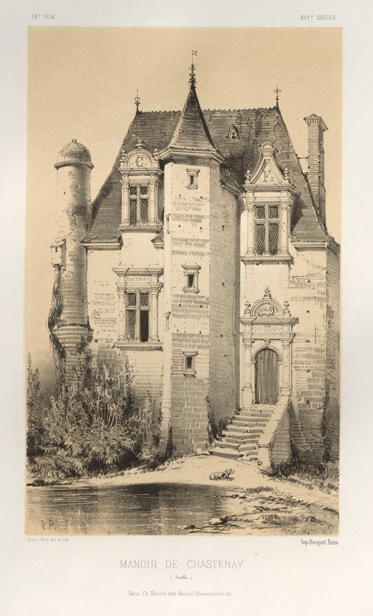15. Yüzyılın Pitoresk Mimarisi veya Anıtları. ve XVI. Yüzyıllar: XV ve XVI Yüzyılların Chateaux De France: Pl.15, Manoir De Chastenay (Sarthe) by Victor Petit