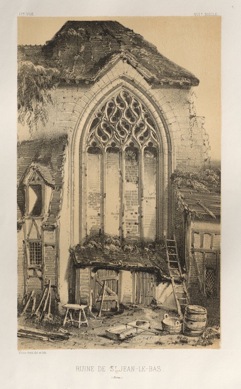 15. Yüzyılın Pitoresk Mimarisi veya Anıtları. ve XVI. Yüzyıllar: XV ve XVI Yüzyılların Fransa Kaleleri: Pl.17, St. Jean-Le-Bas Harabeleri (Aisne) by Victor Petit