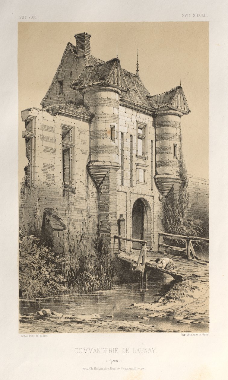 15. Yüzyılın Pitoresk Mimarisi veya Anıtları. ve XVI. Yüzyıllar: XV ve XVI Yüzyılların Chateaux De France: Pl. 23 Commanderie De Launay (Yonne) by Victor Petit