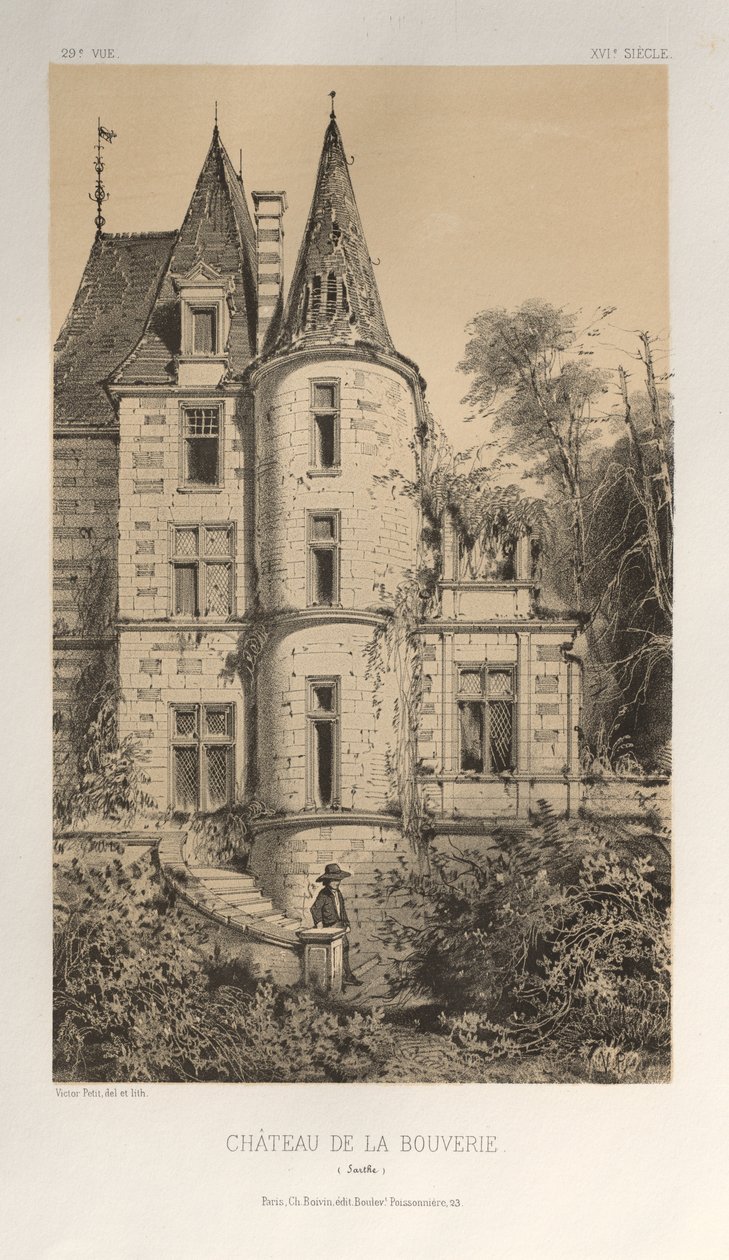 15. Yüzyılın Pitoresk Mimarisi veya Anıtları. ve XVI. Yüzyıllar: XV ve XVI Yüzyılların Fransa Şatosu: Levha 29, Chateau De La Bouverie (Sarthe) by Victor Petit