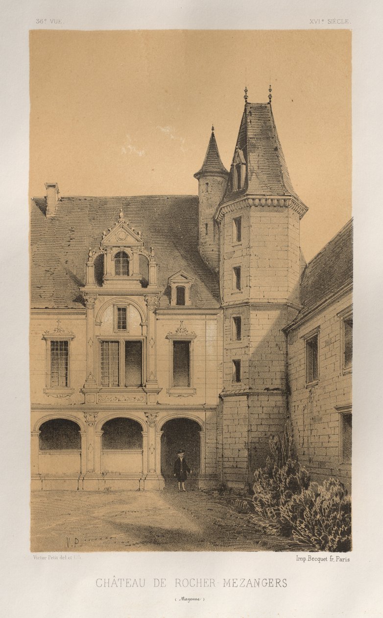 15. Yüzyılın Pitoresk Mimarisi veya Anıtları. ve XVI. Yüzyıllar: XV ve XVI Yüzyılların Chateaux De France: Levha 36, ​​Château De Rocher Mezangers (Mayenne) by Victor Petit