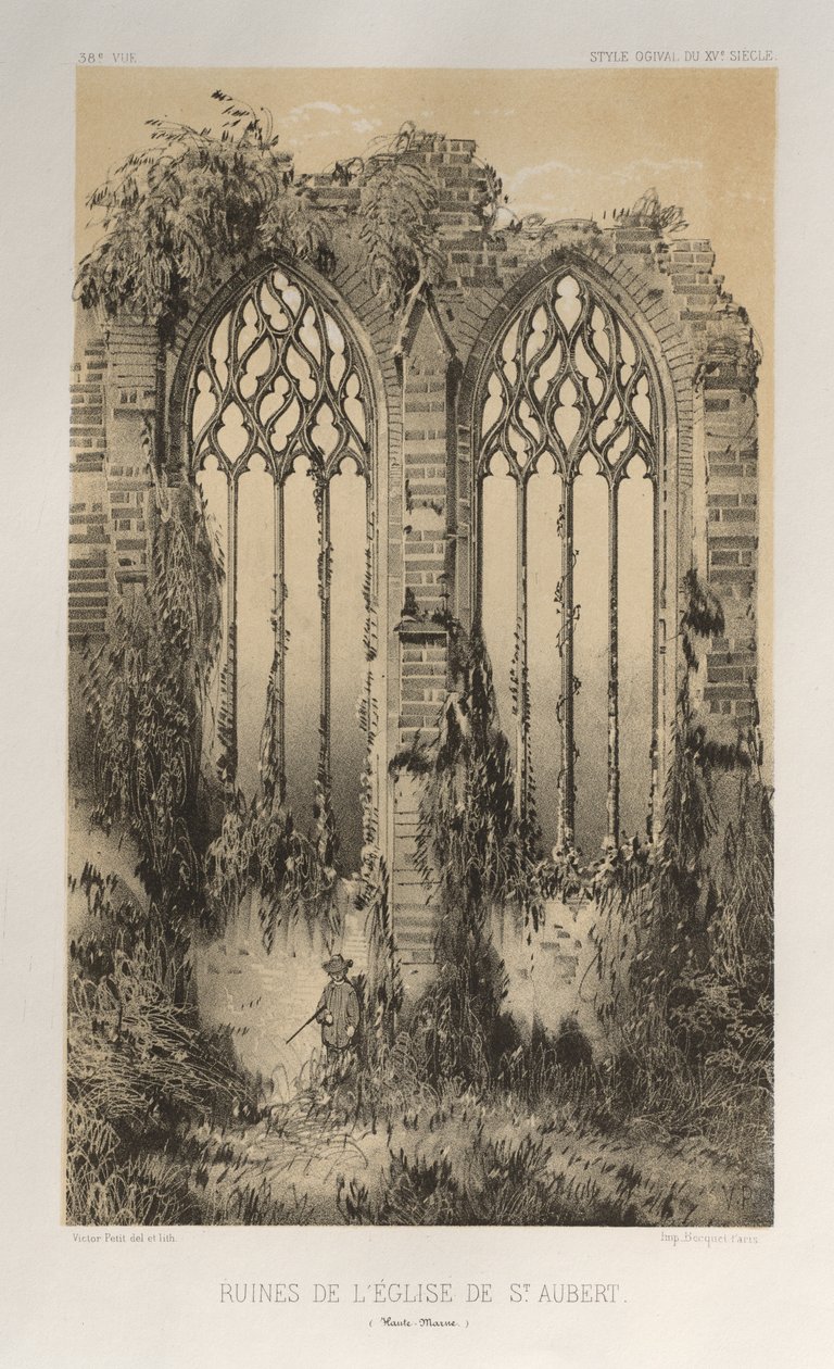 15. Yüzyılın Pitoresk Mimarisi veya Anıtları. ve XVI. Yüzyıllar: XV ve XVI Yüzyılların Fransa Şatosu: Levha 38, St. Aubert Kilisesi Harabeleri (Haute-Marne) by Victor Petit
