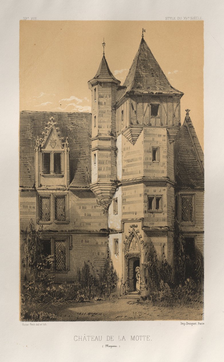 15. Yüzyılın Pitoresk Mimarisi veya Anıtları. ve XVI. Yüzyıllar: XV ve XVI Yüzyılların Chateaux De France: Levha 39, Château De La Motte (Mayenne) by Victor Petit