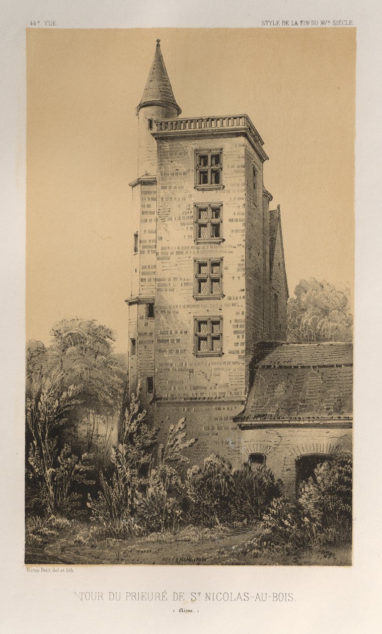 15. Yüzyılın Pitoresk Mimarisi veya Anıtları. ve XVI. Yüzyıllar: XV ve XVI. Yüzyılların Fransa Kaleleri: Levha 44, St. Nicolas-Au-Bois Manastırı Kulesi (Aisne) by Victor Petit