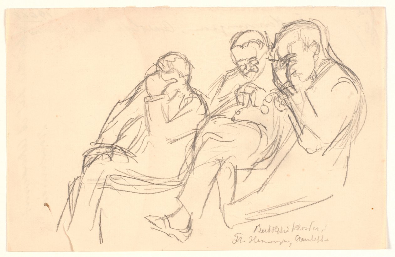 Şekil kroki. Üç oturan adam: Fr. Henningsen, Aarsleff ve P. Johansen by Viggo Johansen