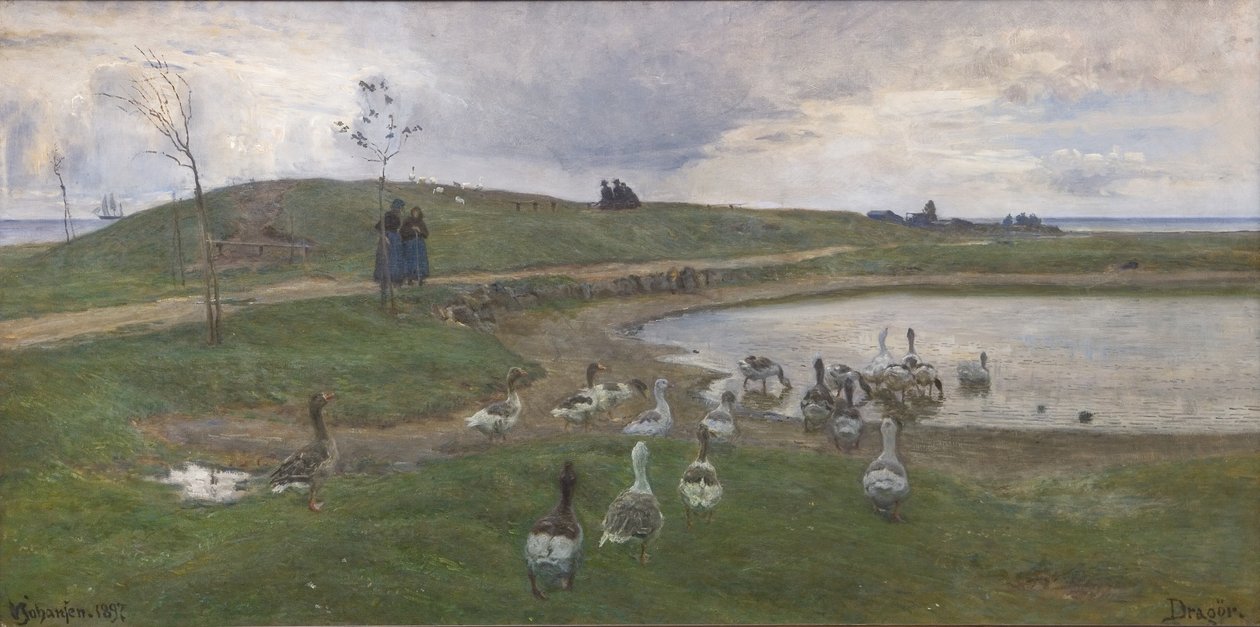 Bir göl kenarında kazlar. Çalkantılı havaya karşı. Ejderha by Viggo Johansen