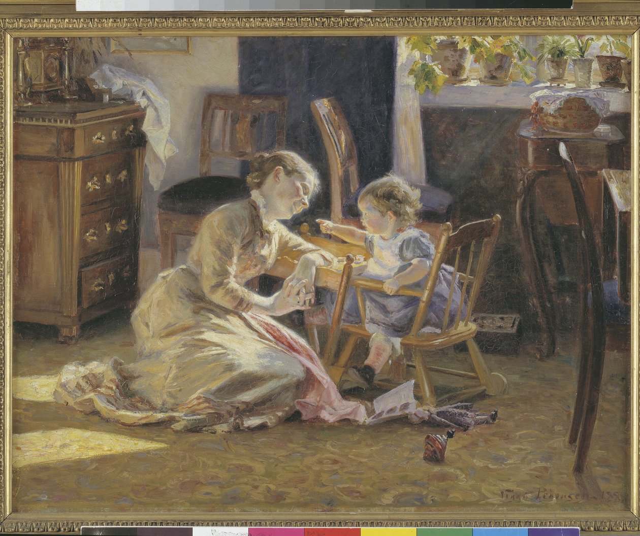 Salonda Güneş Işığı. Sanatçının Karısı ve Çocuğu by Viggo Pedersen