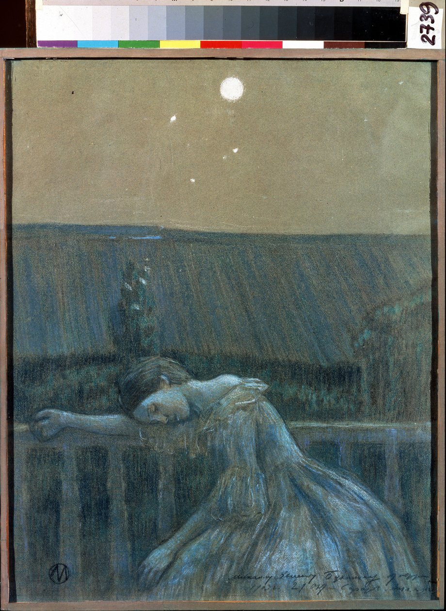 "Hüzün" (Hüzün) Korkuluklara yaslanmış çaresiz bir genç kız. Viktor (Victor) Elpidiforovich Borisov-Musatov (Borisov Musatov) (1870-1905) (sembolizm) tarafından suluboya ve pastel 1903 Devlet Tarih ve Sanat Müzesi Serpukhov (Serpukhov). by Viktor Elpidiforovich Borisov-Musatov