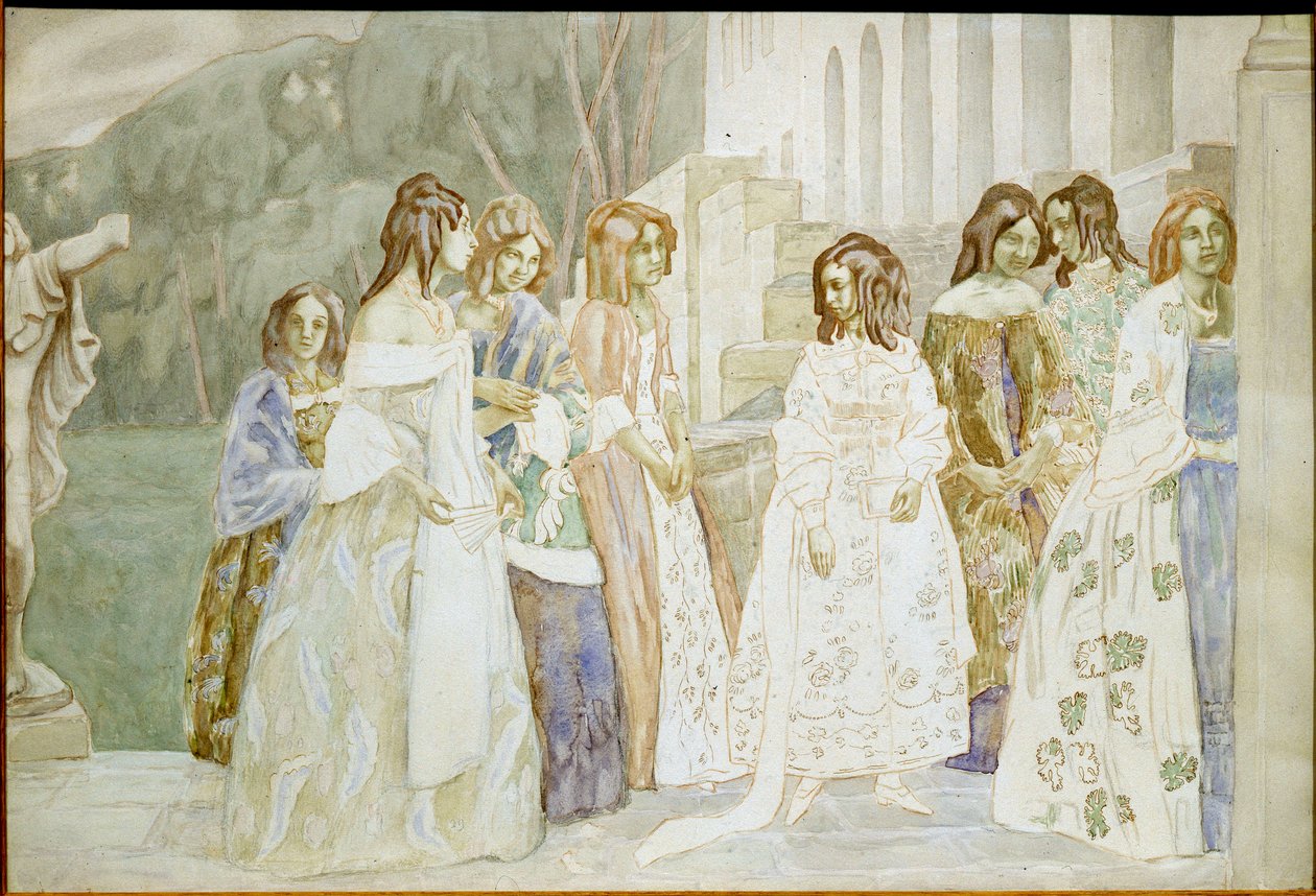 Requiem: bir bahçede sohbet eden kabarık etekli genç kadınlar - Çalışma Viktor (Victor) Elpidiforovich Borisov-Musatov (Borisov Musatov) (1870-1905) by Viktor Elpidiforovich Borisov-Musatov