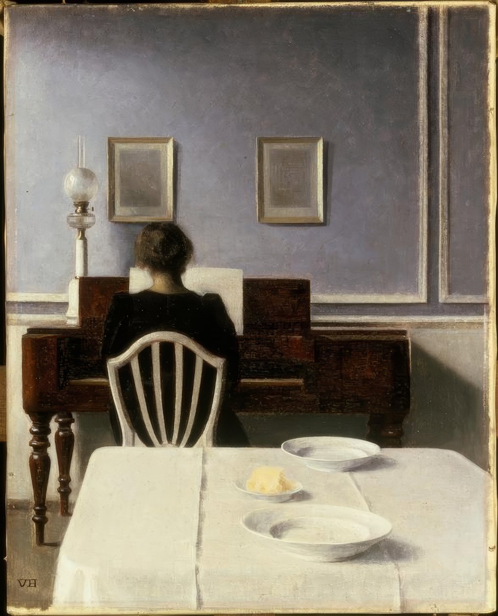 Piyanoda genç kadın ile iç by Vilhelm Hammershoi
