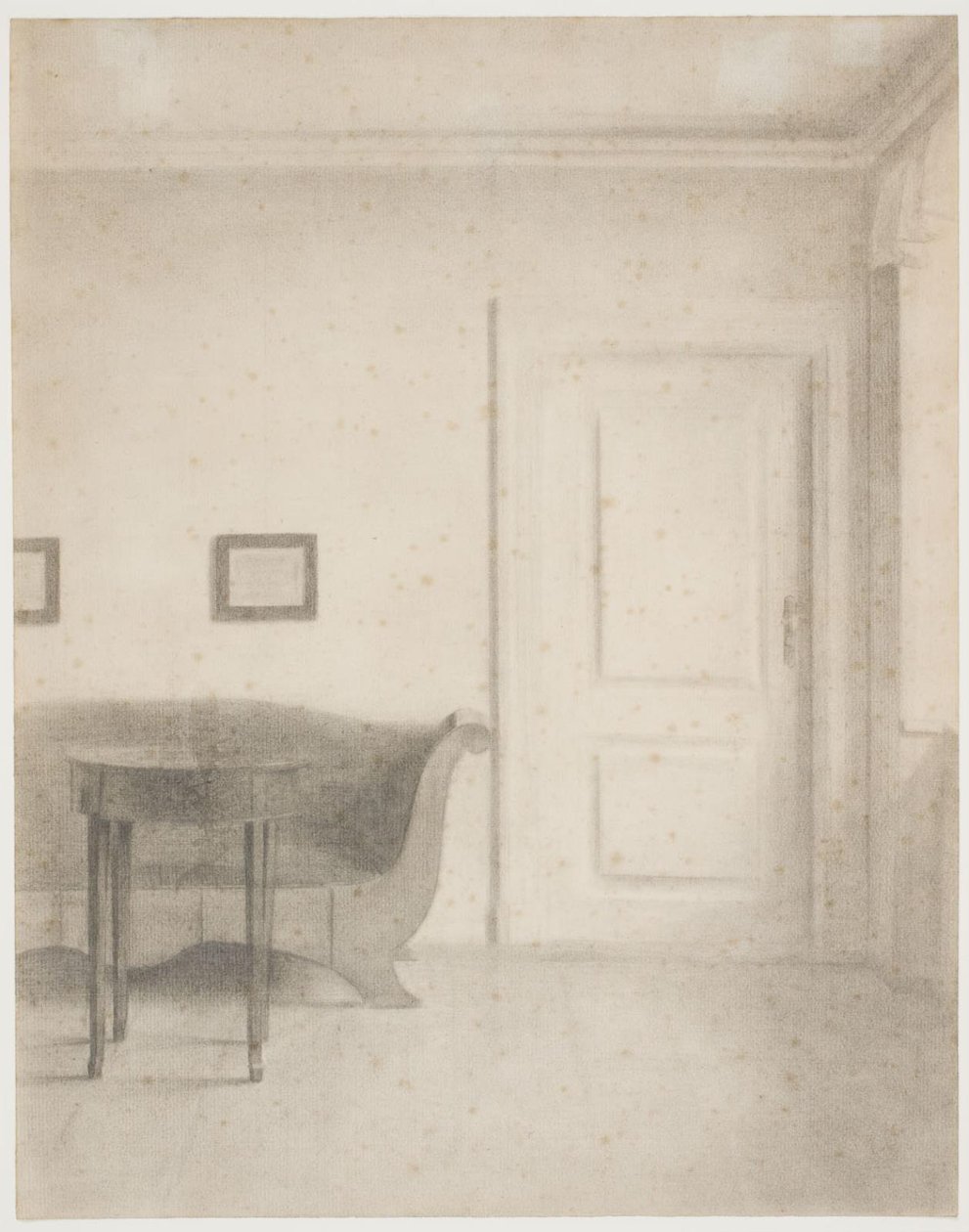 Kanepe ve küçük masa ile iç mekan, t.h. bir kapı by Vilhelm Hammershøi