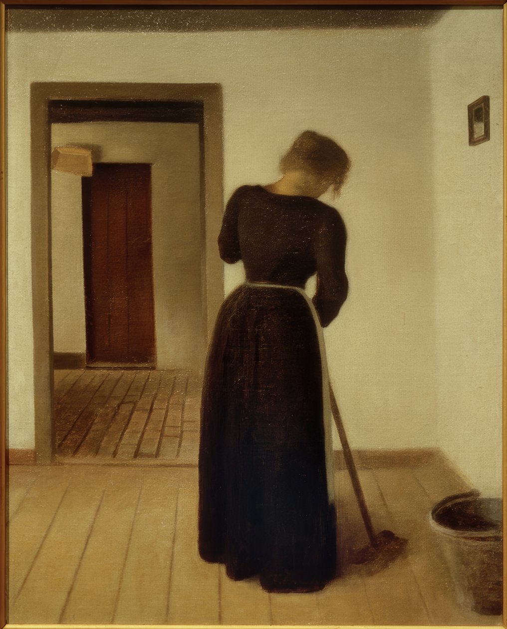 Genç bir kadın süpürme ile iç by Vilhelm Hammershoi