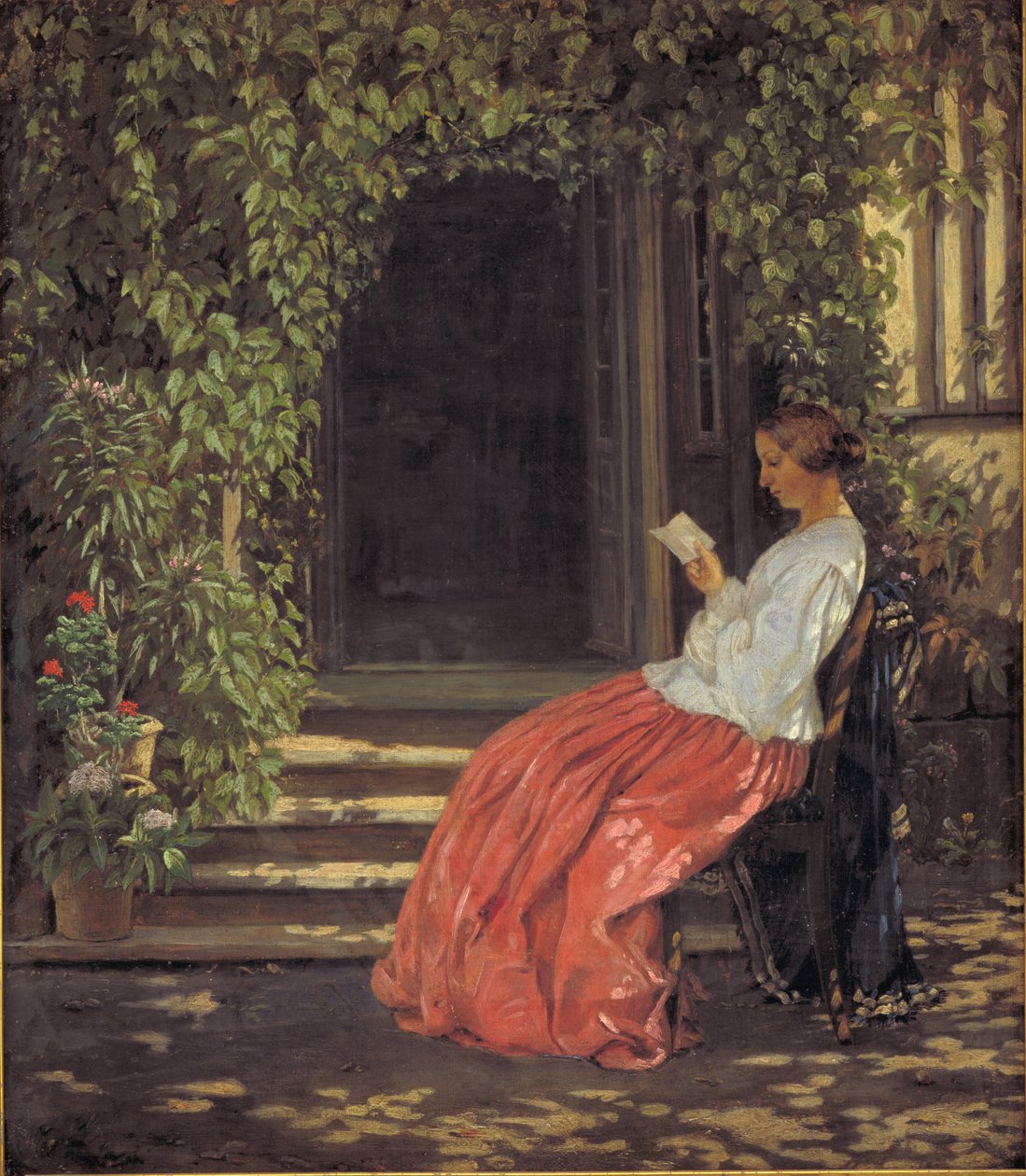 Bahçe kapısının dışında okuyan kadın by Vilhelm Kyhn