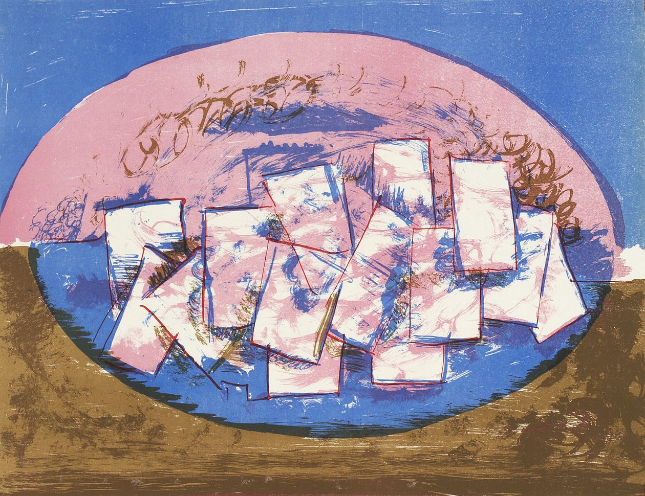 Kahverengi ve mavi arka planda kareler olan mavi ve pembe elips by Vilhelm Lundstrøm