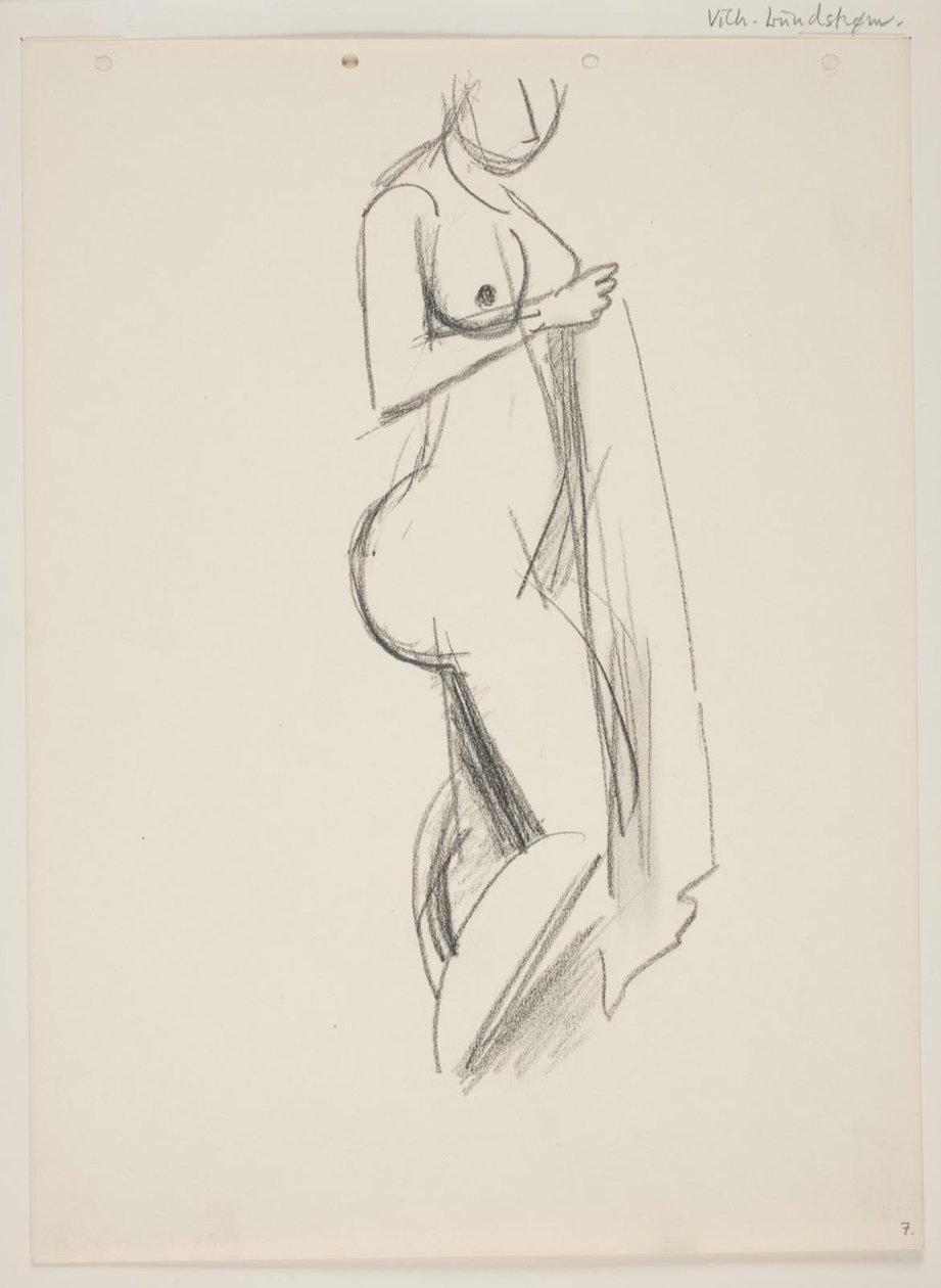 Ayakta çıplak kadın, profil sağda, elinde perdelik by Vilhelm Lundstrøm