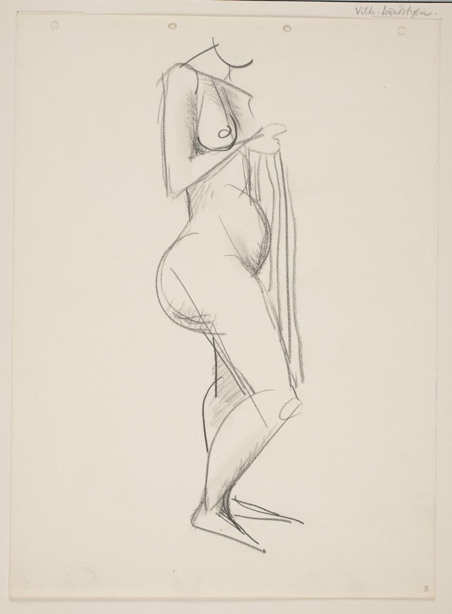 Ayakta çıplak kadın, profil sağda, elinde perdelik by Vilhelm Lundstrøm