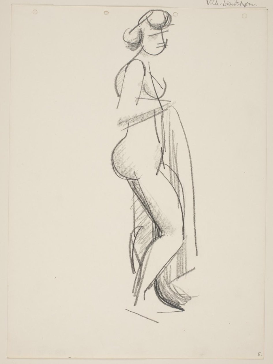 Ayakta çıplak kadın, profil sağda, elinde perdelik by Vilhelm Lundstrøm