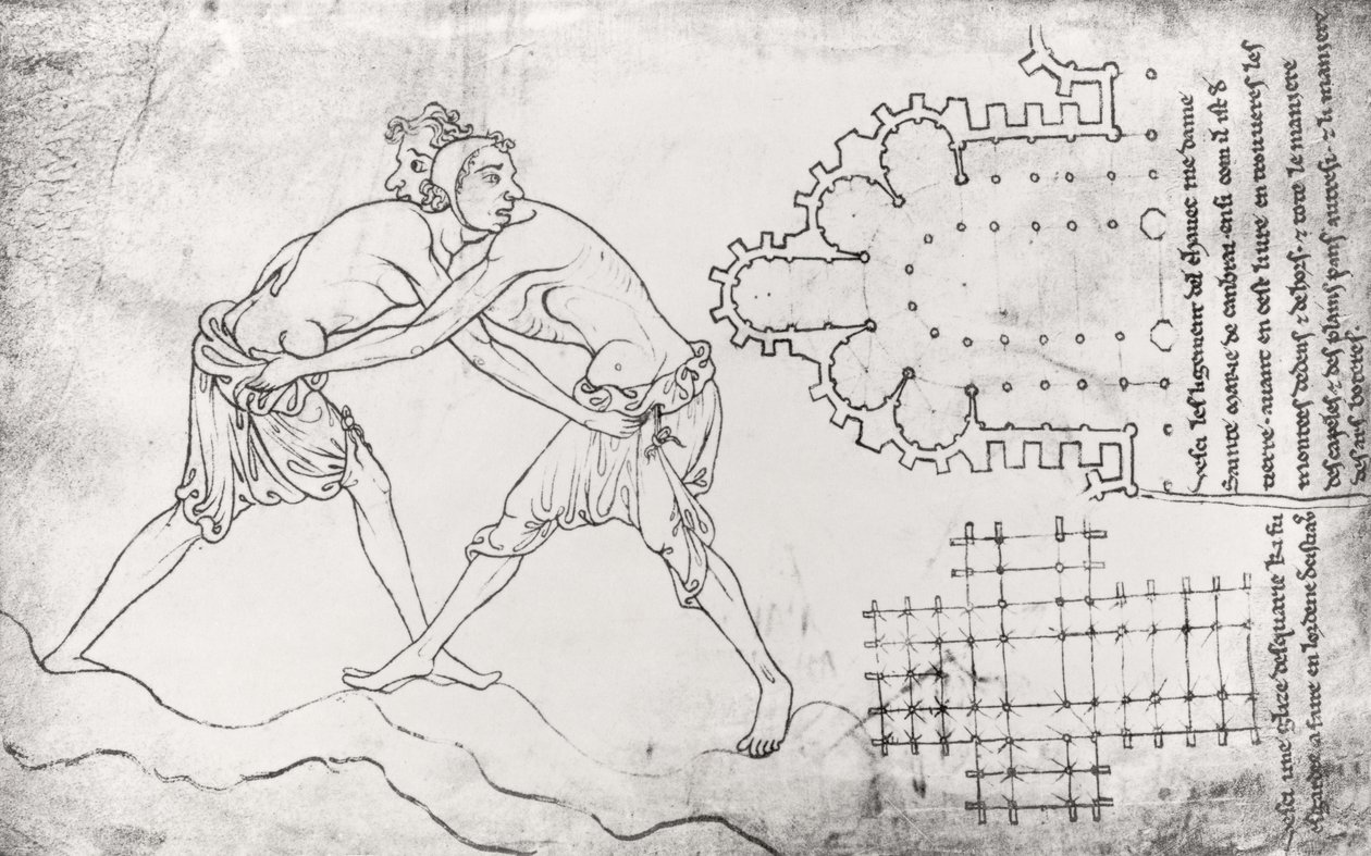 Ms.Fr.19093 fol.14v Two wrestlers, plan of a Cistercian church and plan of the choir of Notre-Dame de Cambrai (facsimile copy)   by Villard de Honnecourt