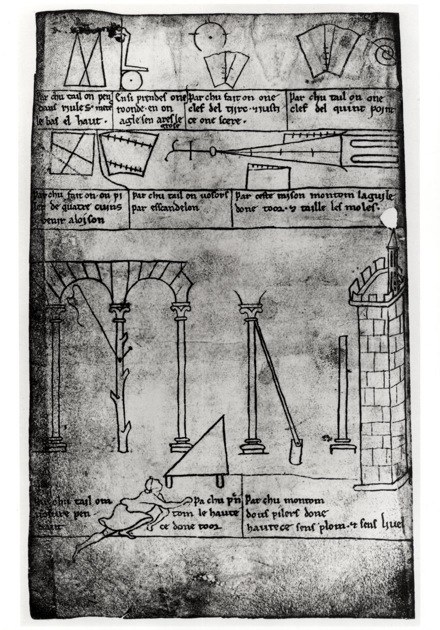 Ms.Fr.19093 fol.20v İnşaat, kemerler ve bir kulenin yüksekliğini ölçen adam için geometrik şekiller (faks kopyası) by Villard de Honnecourt
