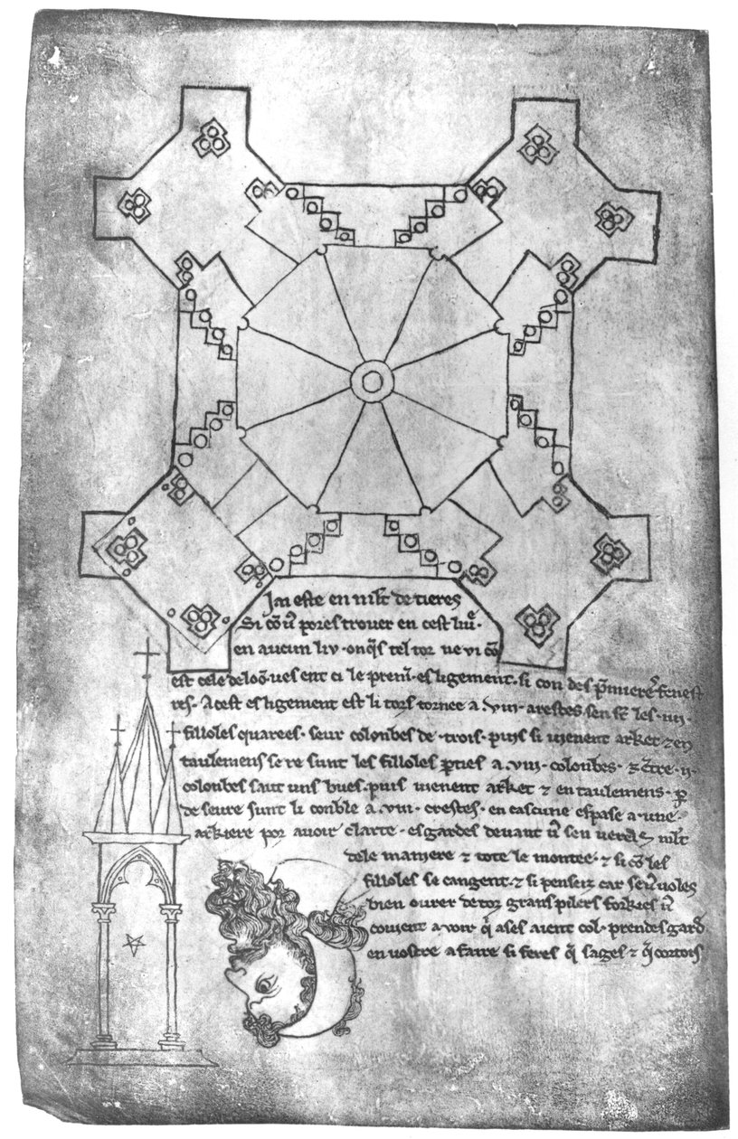 Ms 19093 fol.9v Laon Katedrali kulesinin planının faks kopyası, sakallı bir adamın başı ve Gotik bir pencere by Villard de Honnecourt