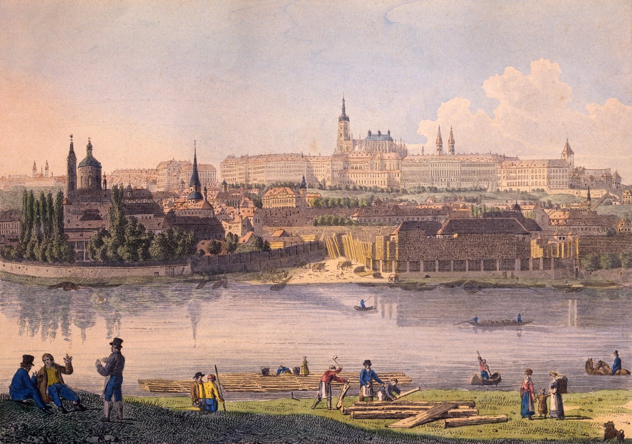 Prag Kalesi ve Küçük Mahalle'nin bir kısmı (renkli gravür) by Vincenc Morstadt