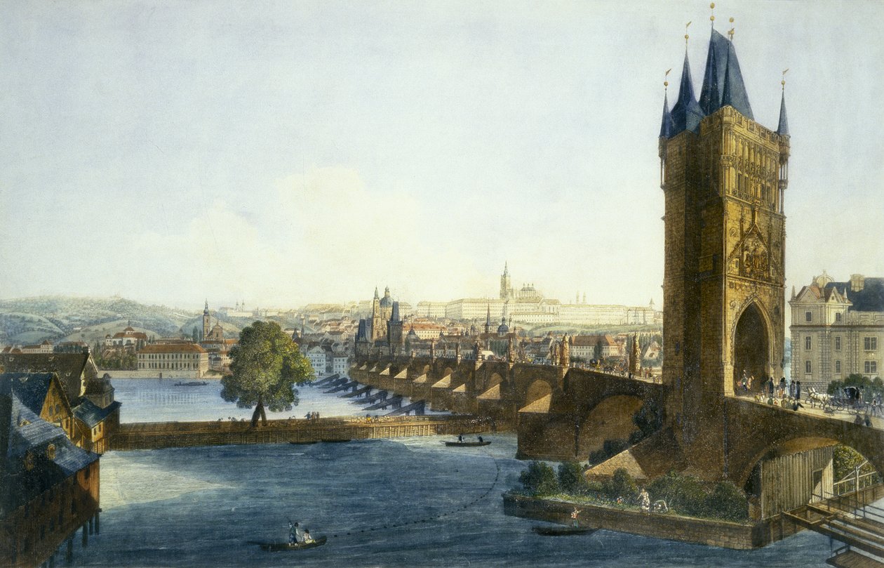 Güney-Batı'dan Prag Kalesi ve Küçük Mahalle'nin görünümü, 1836 (renkli aquatint) by Vincenc and Richter, Carl August Morstadt