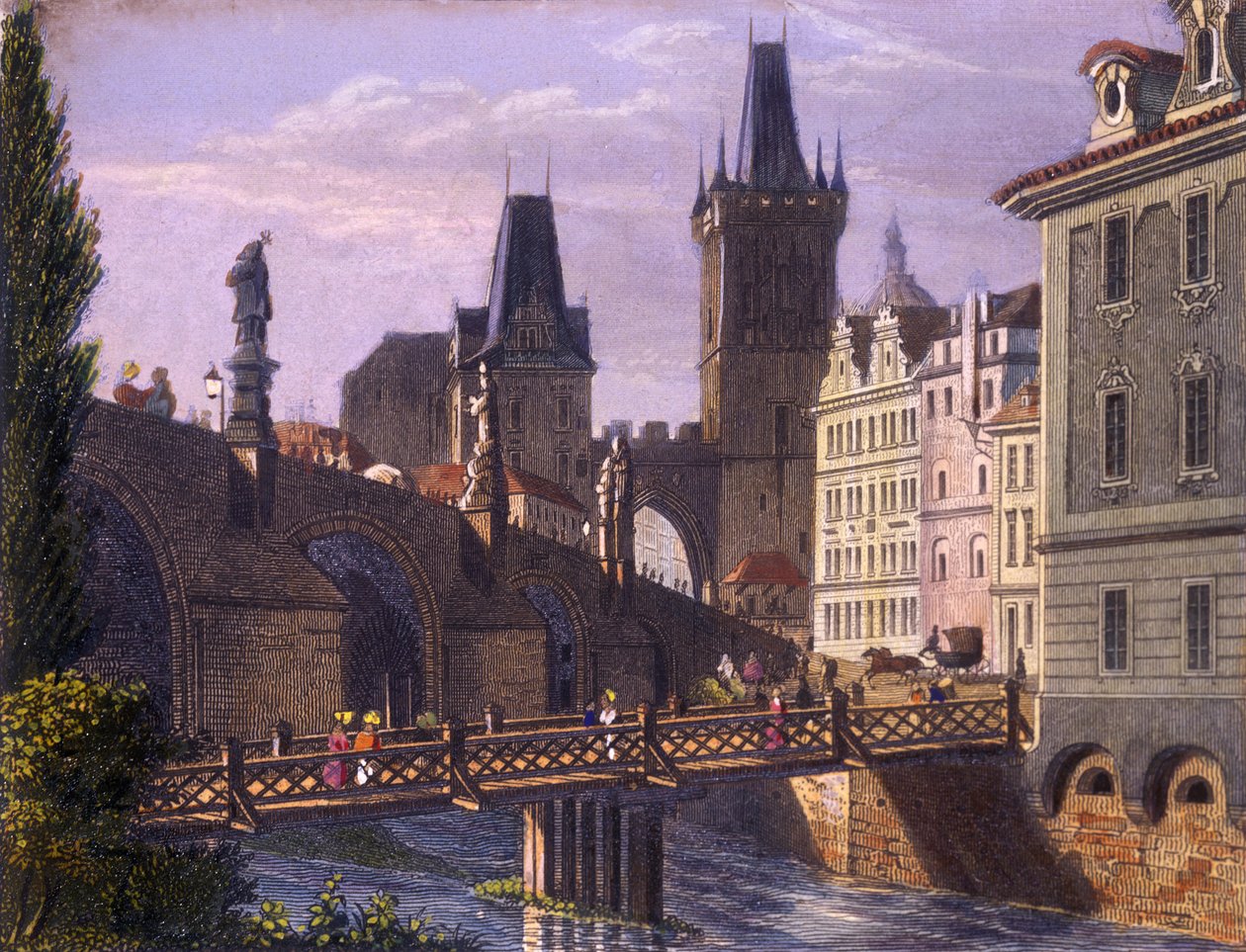 Little Quarter Bridge Towers, 1847 (renkli çelik gravür) by Vincenc Morstadt