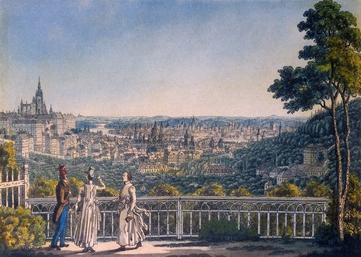 1835 (ಬಣ್ಣದ ಎಚ್ಚಣೆ) ಟರ್ಕ್‌ನ ಸ್ಟ್ರಾಹೋವ್ ಮಠದ ಉದ್ಯಾನದಿಂದ ಪ್ರೇಗ್‌ನ ನೋಟ by Vincenc Morstadt