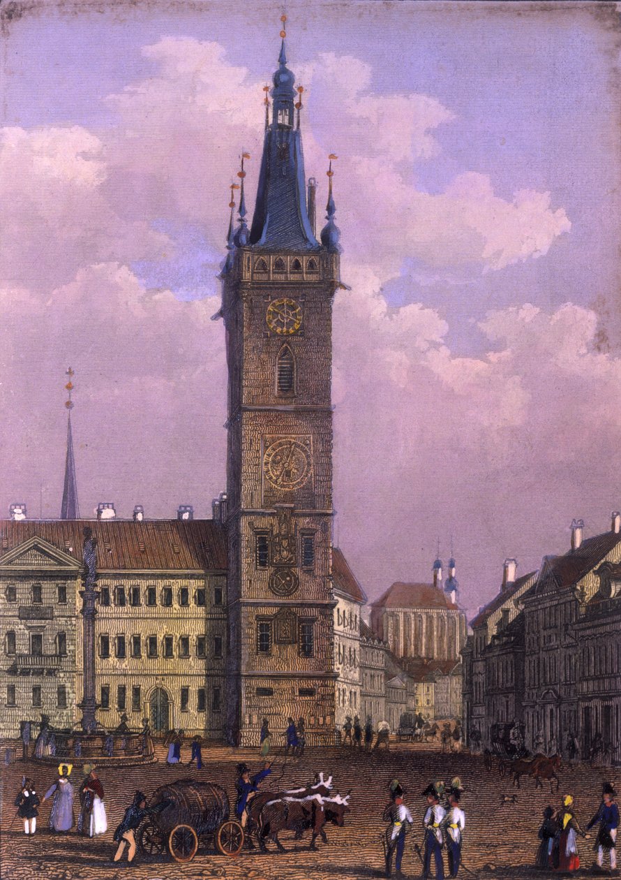 Yeni Belediye Binası, Prag, 1847 (renkli çelik gravür) by Vincenc Morstadt