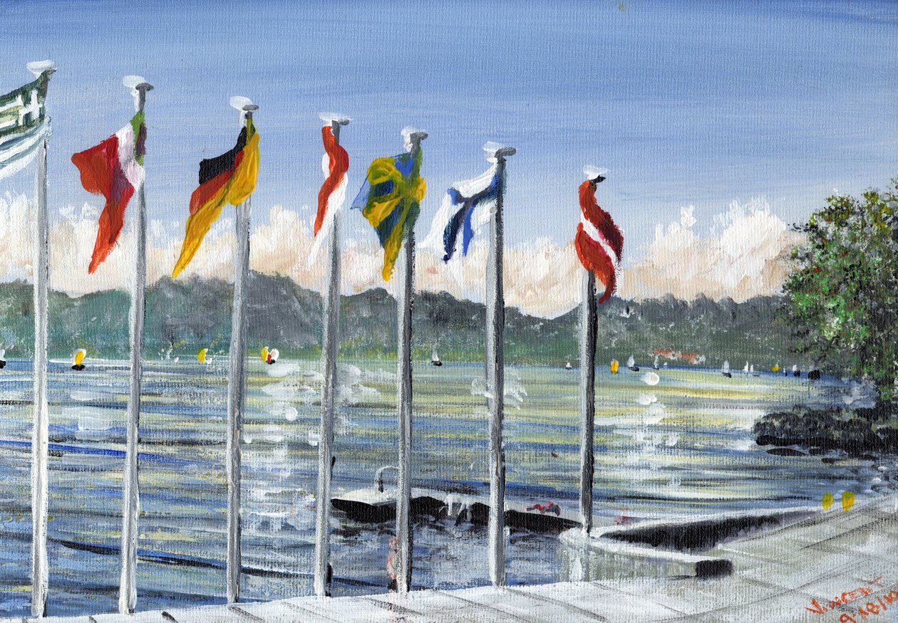 Lac Leman üzerine bayraklar, 2010, (tuval üzerine akrilik) by Vincent Alexander Booth