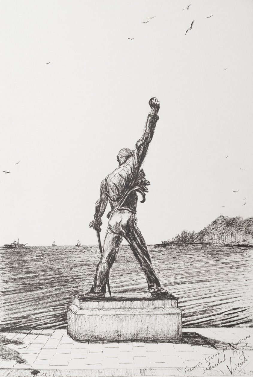 Freddie Mercury Heykeli Montrö İsviçre, 2009, (Kağıt Üzerine Mürekkep) by Vincent Alexander Booth
