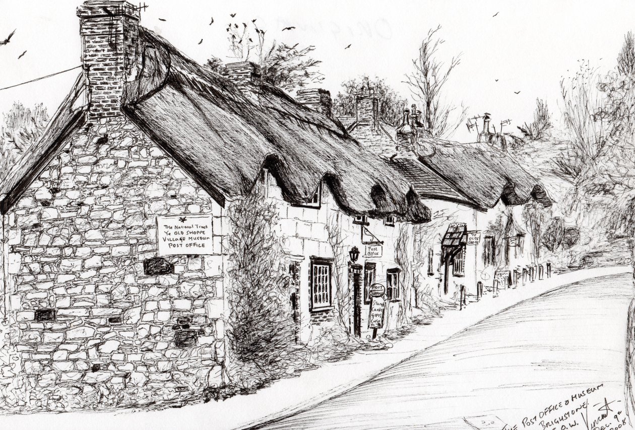 Postane ve müze Brighstone I.O.W., 2008, (kağıt üzerine mürekkep) by Vincent Alexander Booth