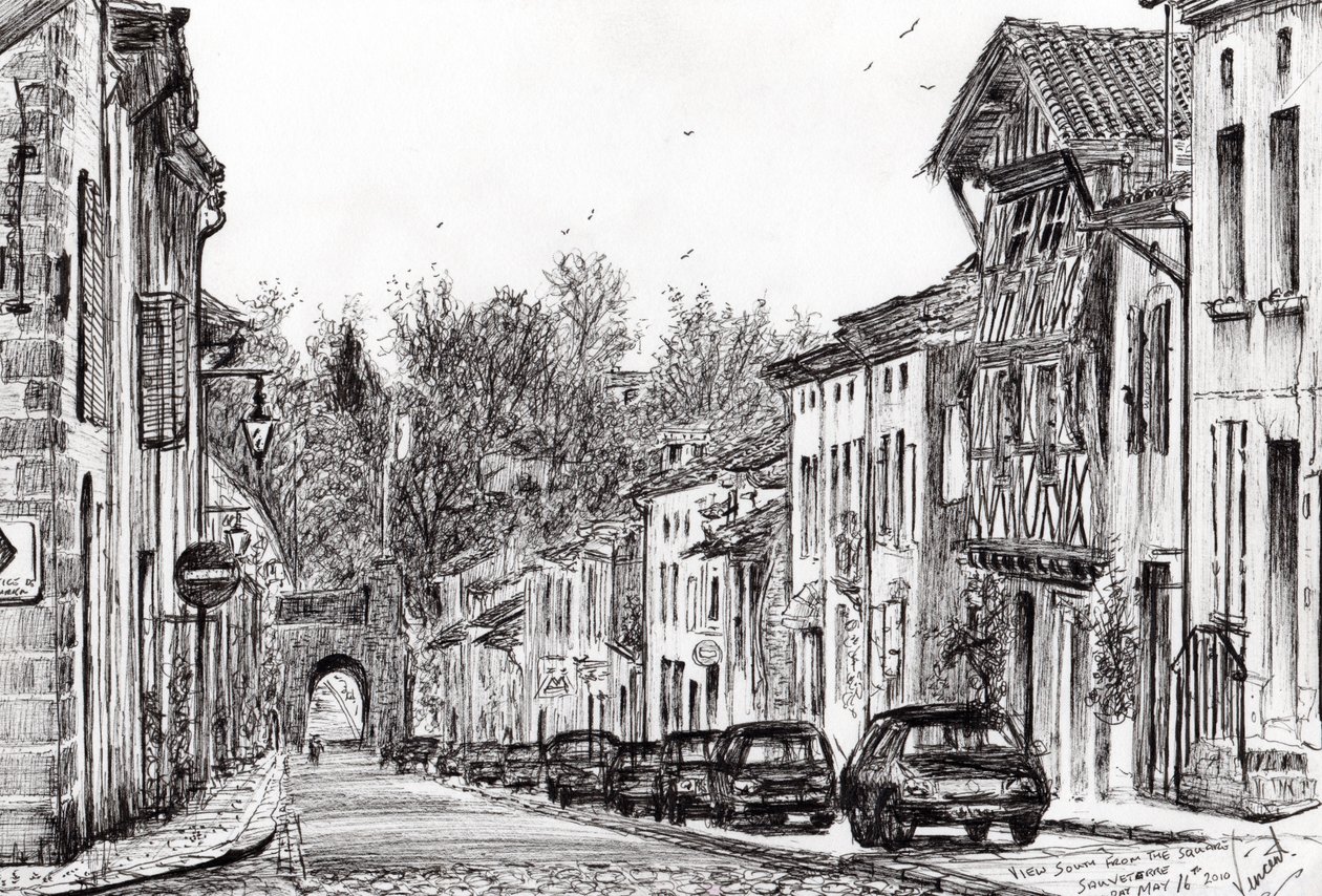 Sauveterre akşamı Fransa, 2010, (kağıt üzerine mürekkep) by Vincent Alexander Booth