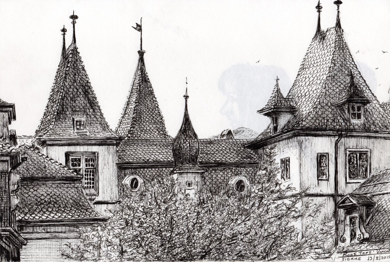 Sierre Rooftops İsviçre, 2012, (Kağıt Üzerine Mürekkep) by Vincent Alexander Booth
