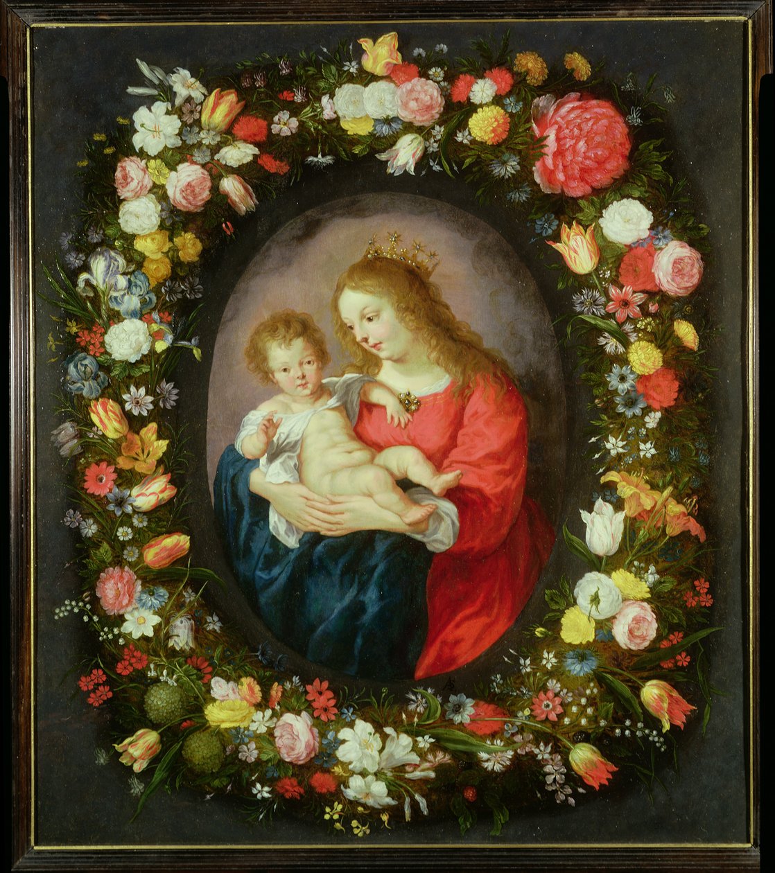 Çiçeklerden Bir Çelenk İçinde Madonna ve Çocuk (yağ) by Vincent Sellaer
