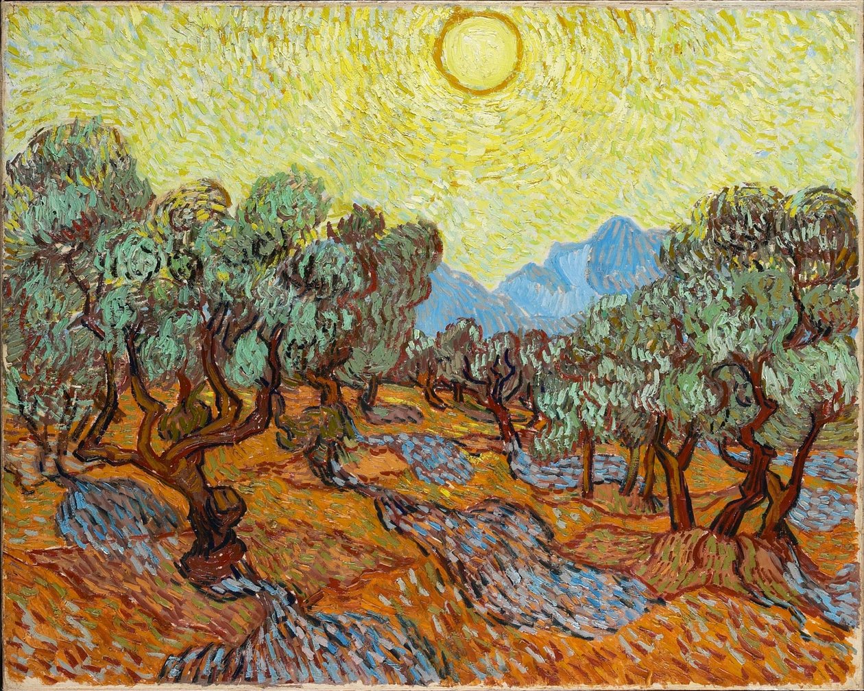 Sarı gökyüzü ve güneş ile zeytin ağaçları by Vincent van Gogh