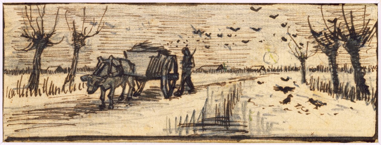 Karda Öküz Arabası, dört mevsimi temsil eden dört çizimlik bir diziden (kalem, tükenmez kalem ve kağıt üzerine kahverengi mürekkep) (ayrıca bkz. 61644-6) by Vincent van Gogh