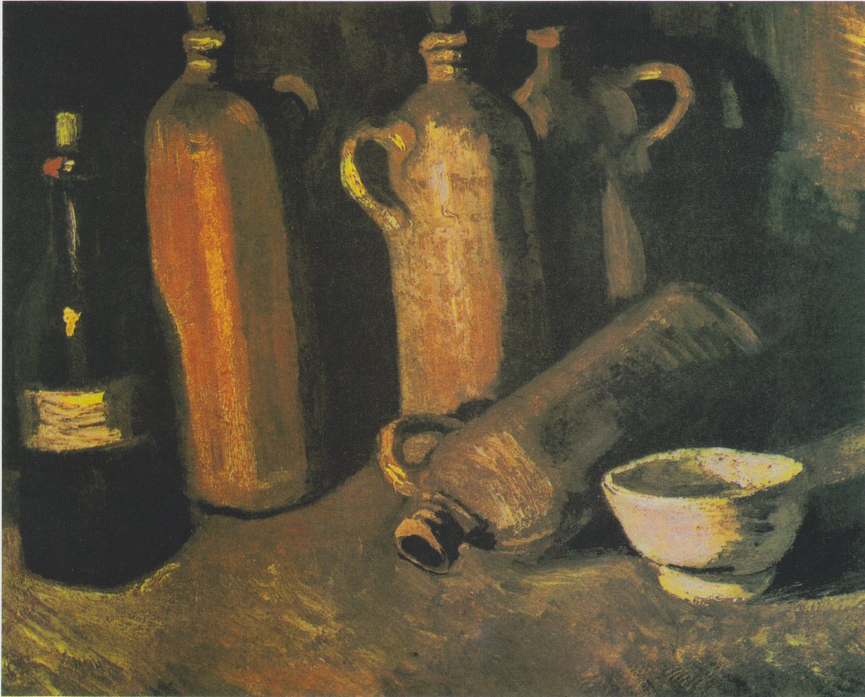 Dört sürahi, şişe ve beyaz kase ile natürmort by Vincent van Gogh