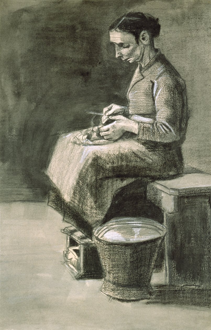 Patates soyan kadın, 1882 (siyah tebeşir ve kağıt üzerinde beyazla yükseltilmiş yıkama) by Vincent van Gogh