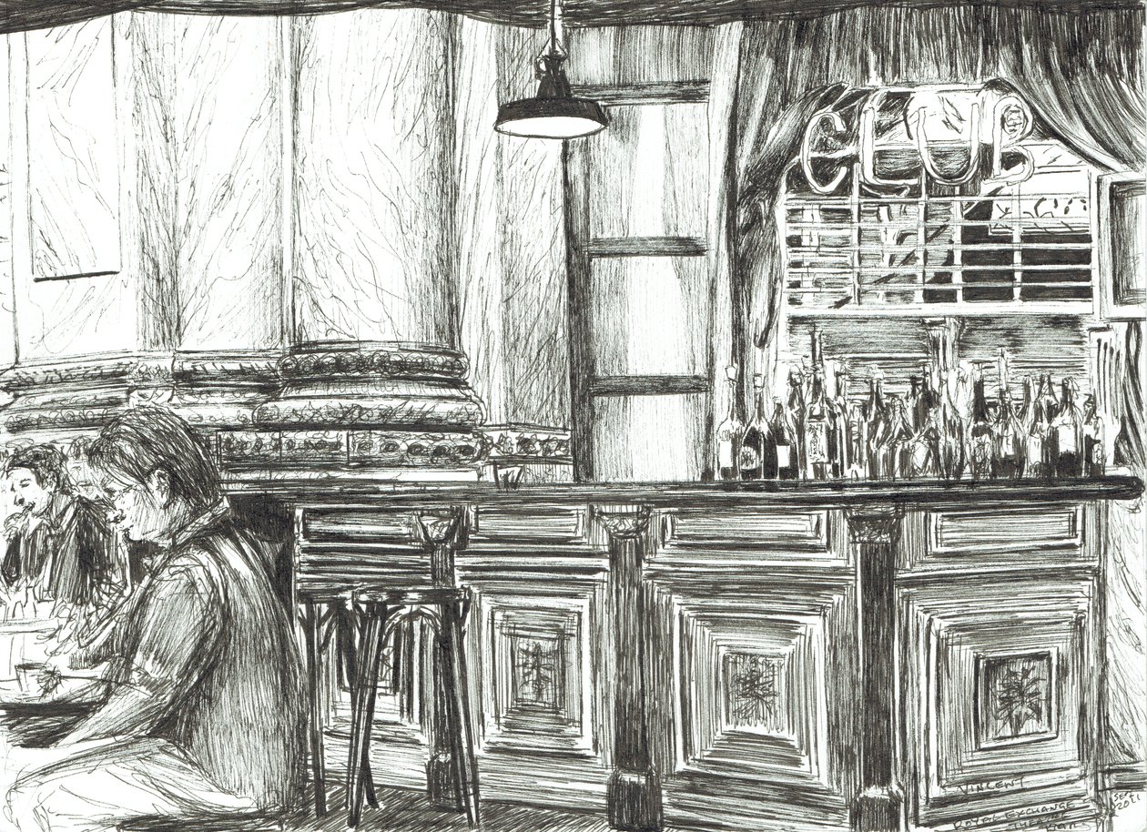 Cafe at the Royal Exchange, Manchester, 2011, (Kağıt üzerine mürekkep) by Vincent Alexander Booth