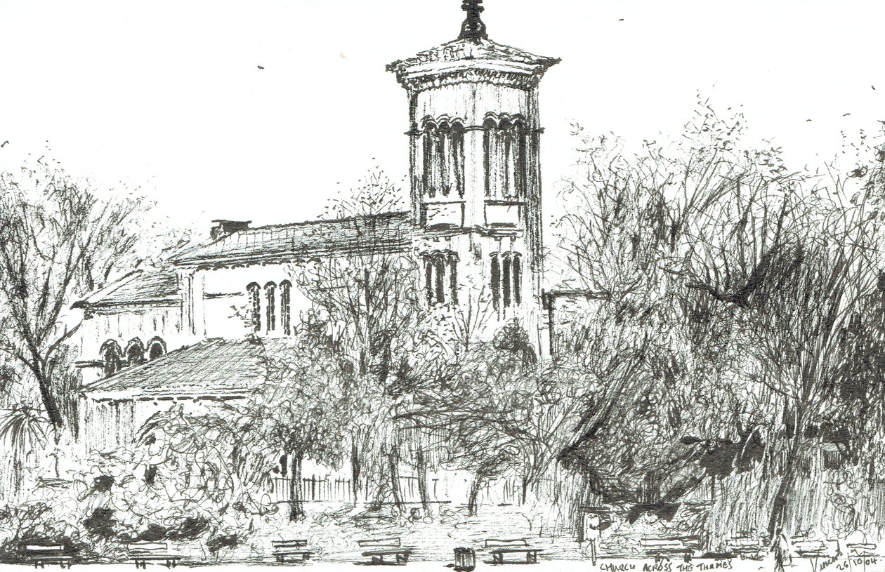 Thames karşısında kilise, 2004, (Kağıt üzerine mürekkep) by Vincent Alexander Booth