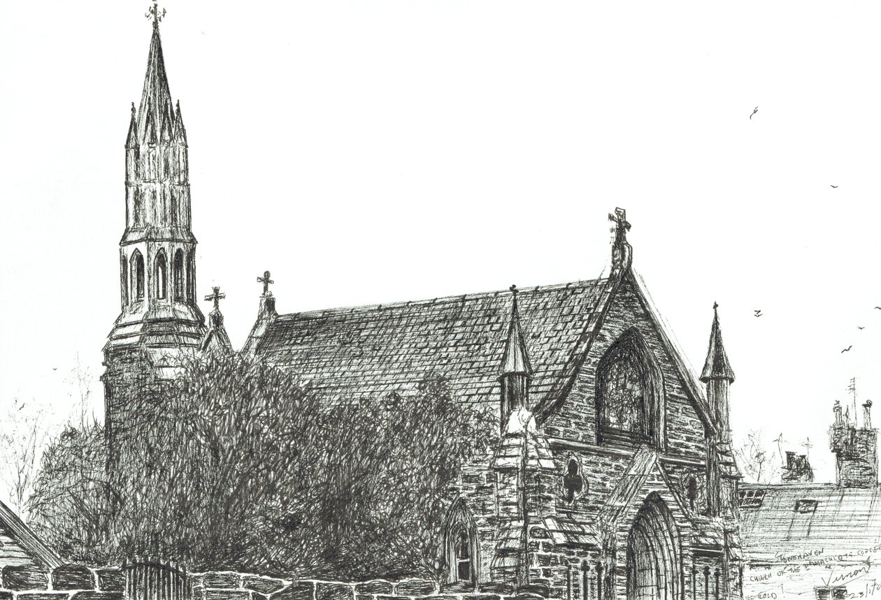 Kilise, Stonehaven, İskoçya, 2007, (Kağıt üzerine mürekkep) by Vincent Alexander Booth