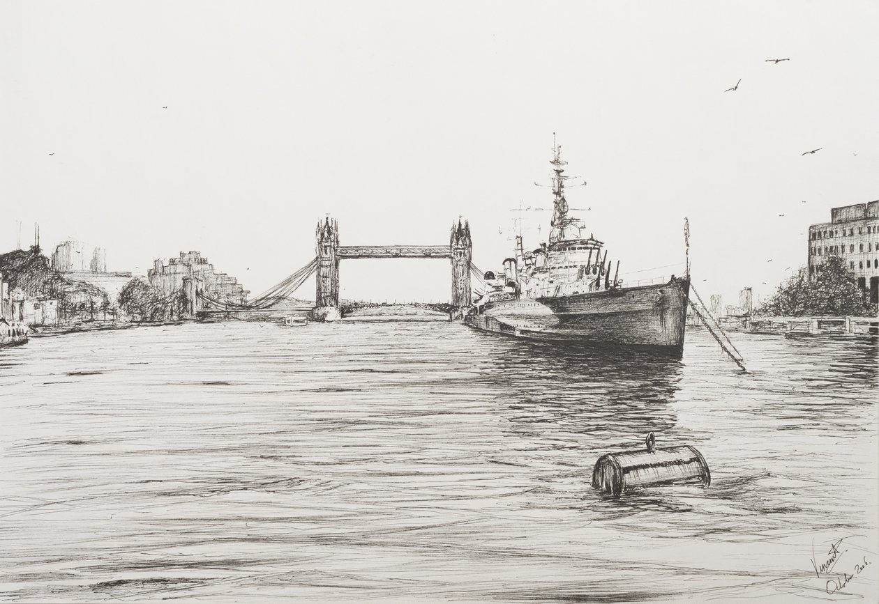 Thames Nehri üzerinde HMS Belfast, Londra, 2006, (Kağıt Üzerine Mürekkep) by Vincent Alexander Booth