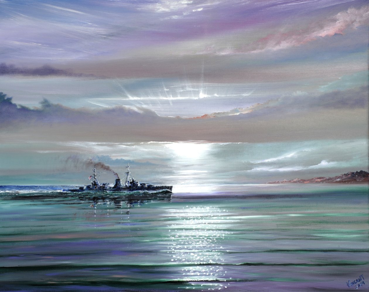 HMS Neptün, Akdeniz Aralık 1941, 2019 (tuval üzerine yağlı boya) by Vincent Alexander Booth