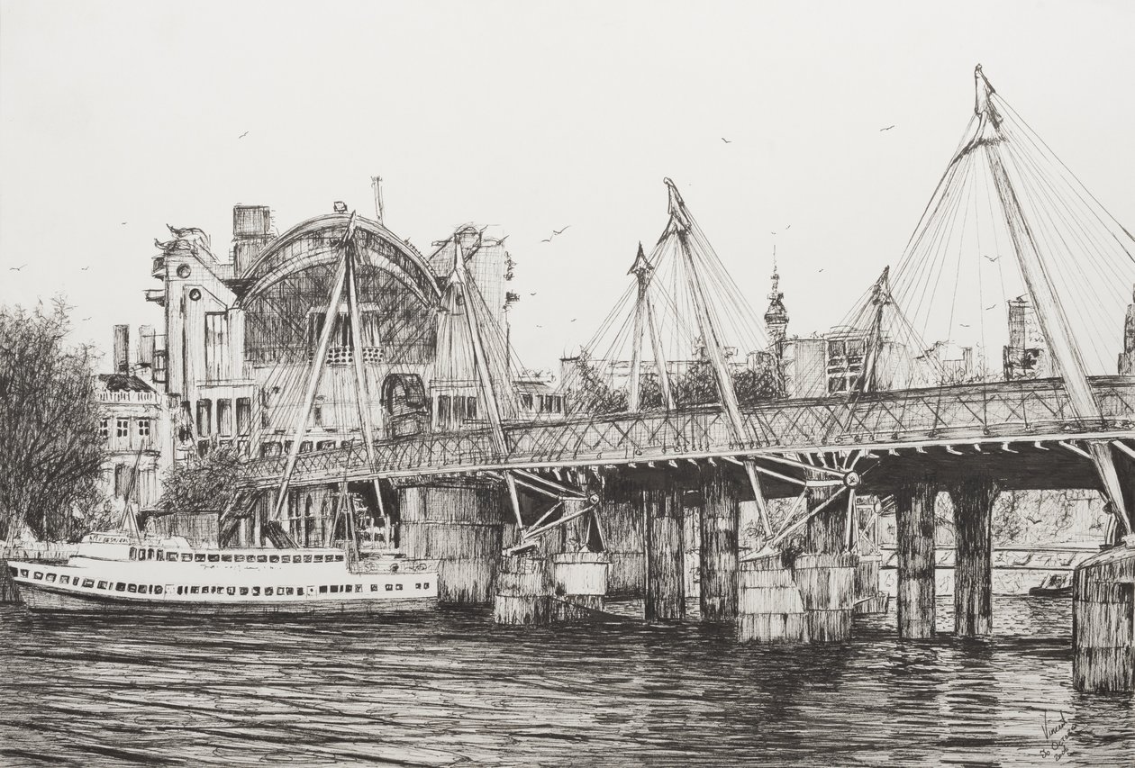 Hungerford Bridge London, 2006, (Ink on Paper) by Vincent Alexander Booth