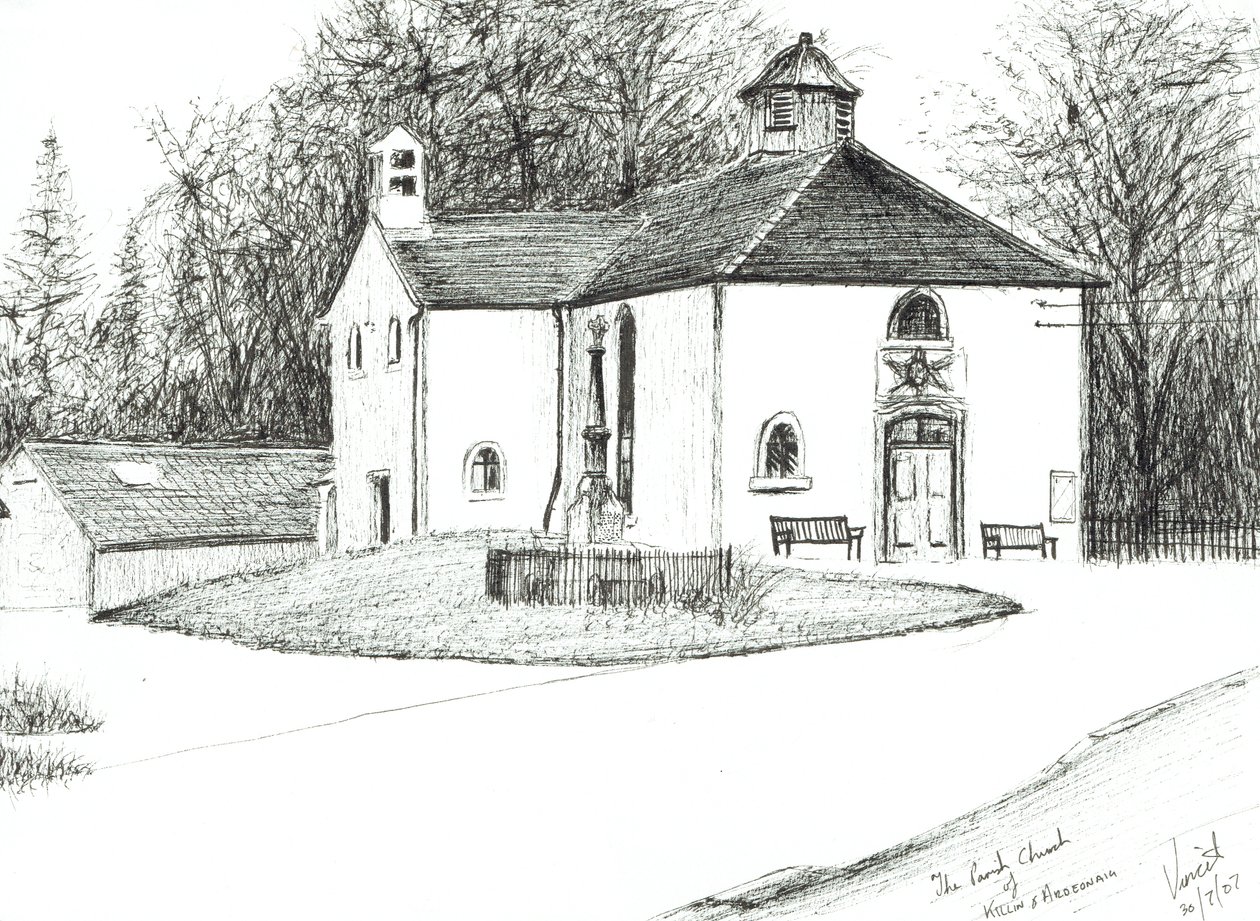 Killin & Ardeonaig Parish Church, 2007, (Kağıt üzerine mürekkep) by Vincent Alexander Booth