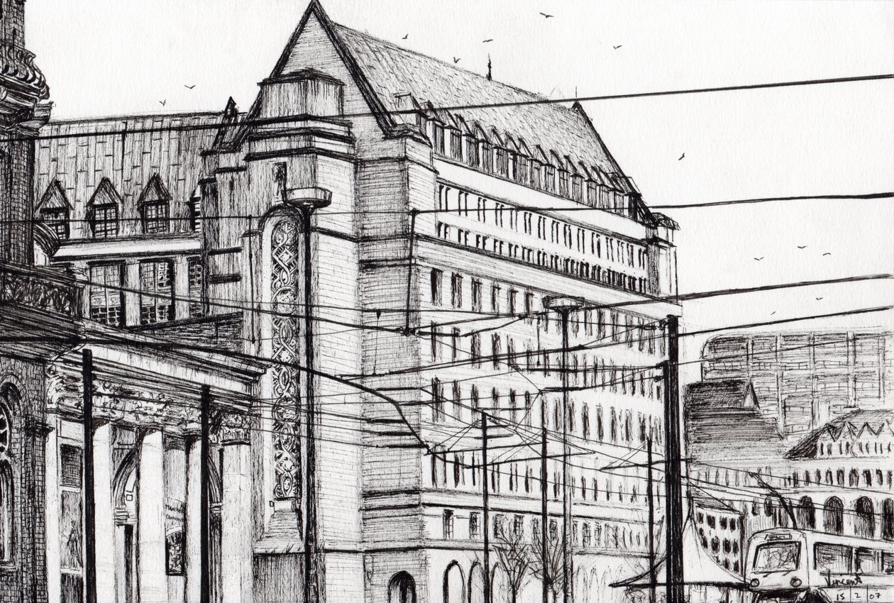 Manchester Belediye Binası, 2007, (kağıt üzerine mürekkep) by Vincent Alexander Booth