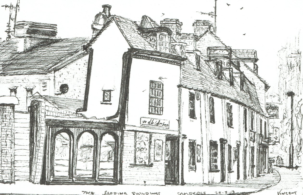 Eğimli binalar Cambridge, 2003, (Kağıt üzerine mürekkep) by Vincent Alexander Booth