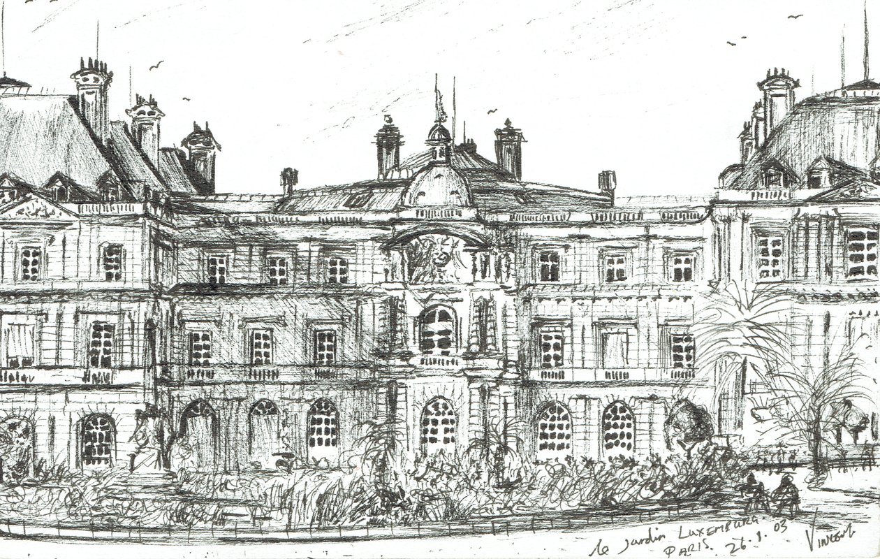 Jardin Luxembourg Paris, 2003, (Kağıt üzerine mürekkep) by Vincent Alexander Booth